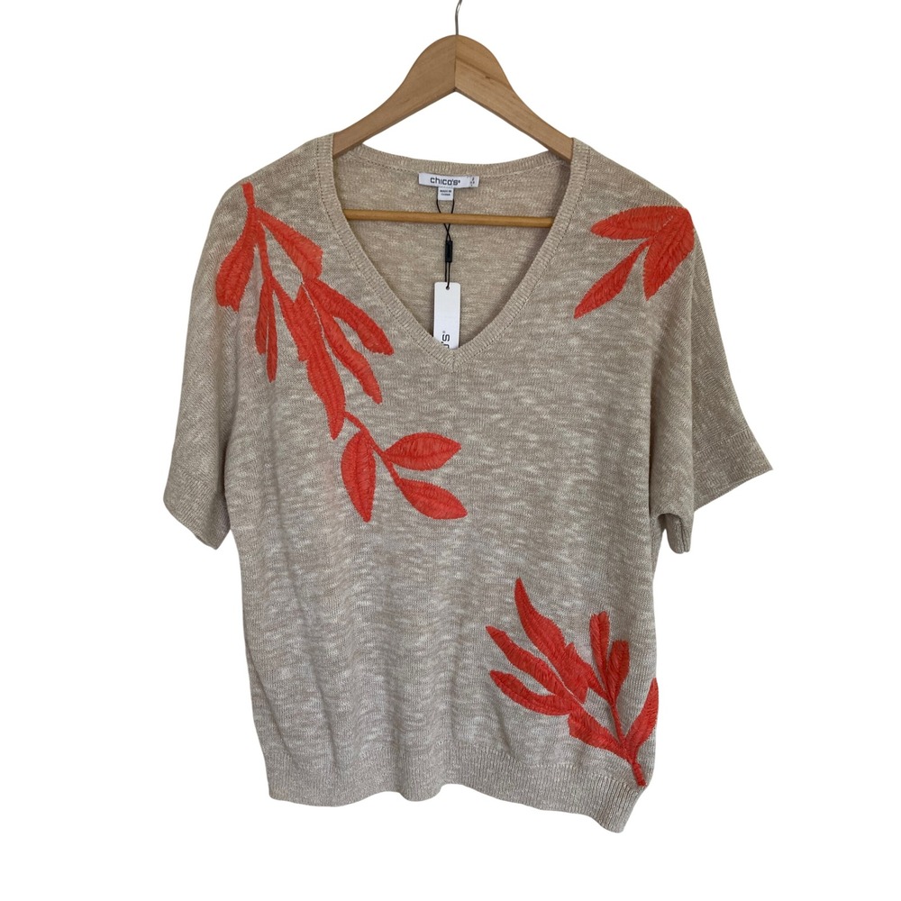 Chicos Embroidered Leaf V-Neck Sweater Beige Orange Short Sleeve Cotton Linen 2